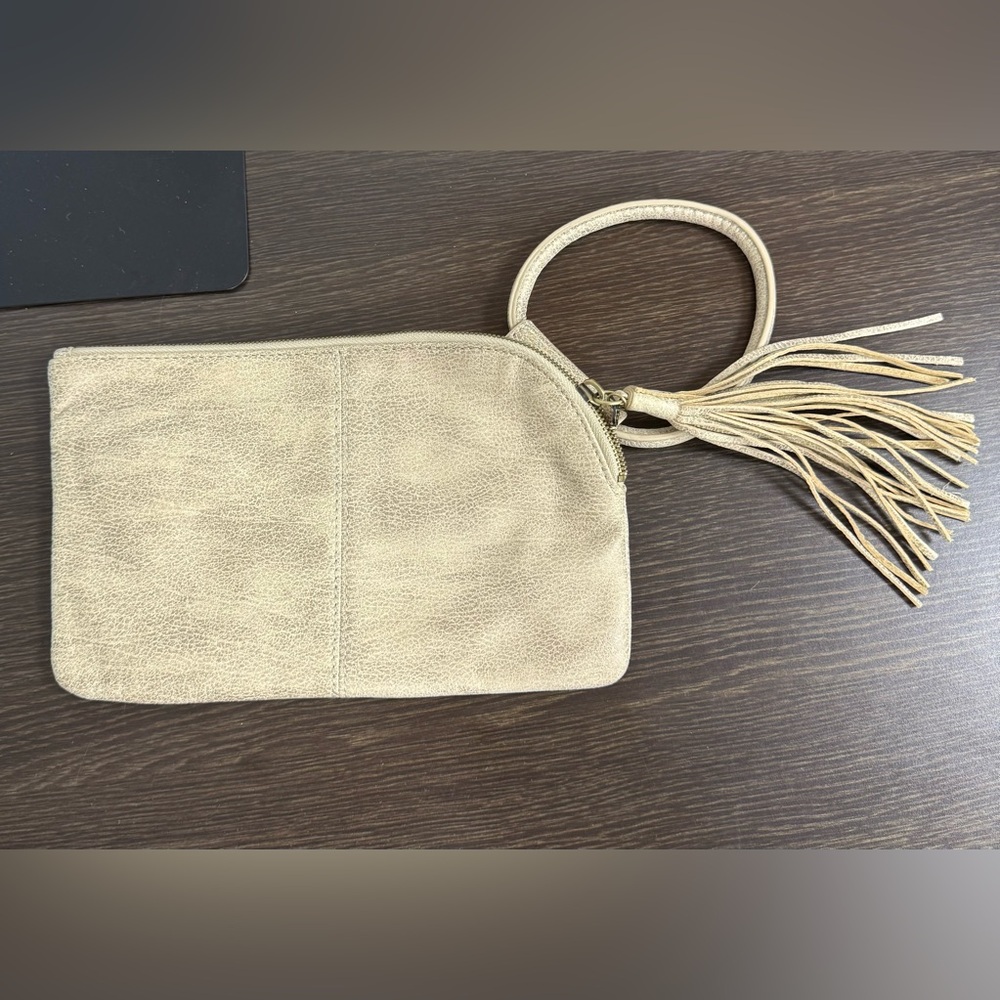 HOBO Beige Leather Wristlet Clutch with Tassel - Picture 5 of 7